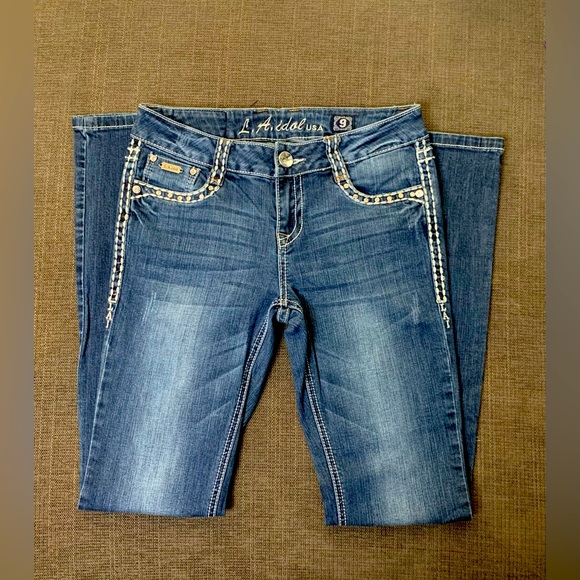 LA Idol USA Fleur de Lis Rhinestone Thick Stitch Jeans - Picture 6 of 14